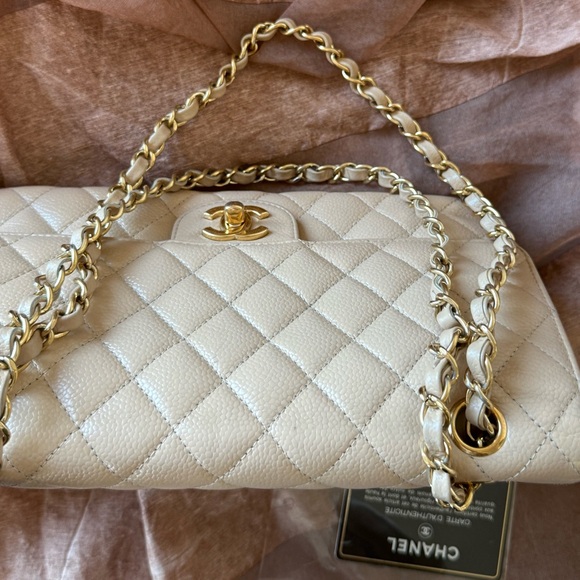 SOLD - CHANEL Beige Caviar Classic Double Flap Medium GHW Series 14 with card - Picture 11 of 17